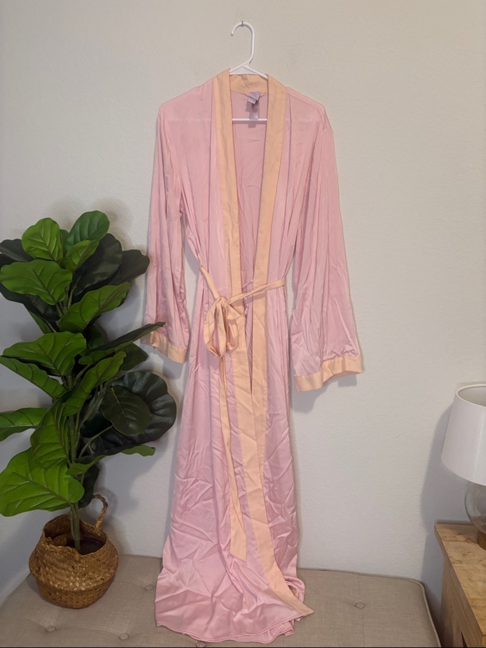 Savage X Fenty Pink Satin Long Robe with peach Trim